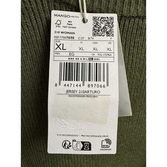Mango MNG Green Button Shoulder Ribbed Knit Sweater Women’s XL NWT - Picture 5 of 6